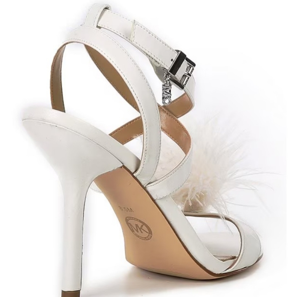 Michael Kors WHITBY FEATHER TRIM LEATHER SANDAL Optic White 7 NEW - Picture 9 of 16